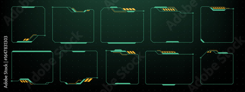 Futuristic hud vector graphics elements set. Modern digital display screen layouts with square frames for ui design concept.