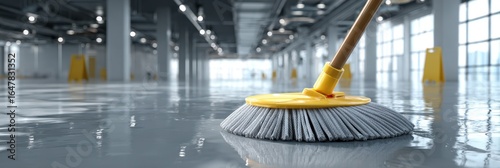 Cleaning a large commercial space with a mop and freshly polished floors in a spacious building
