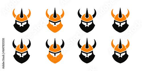 Set of viking warrior helmets isolated on white background, featuring horned designs and ancient armor, ideal for depicting medieval battles, norse mythology, and scandinavian culture
