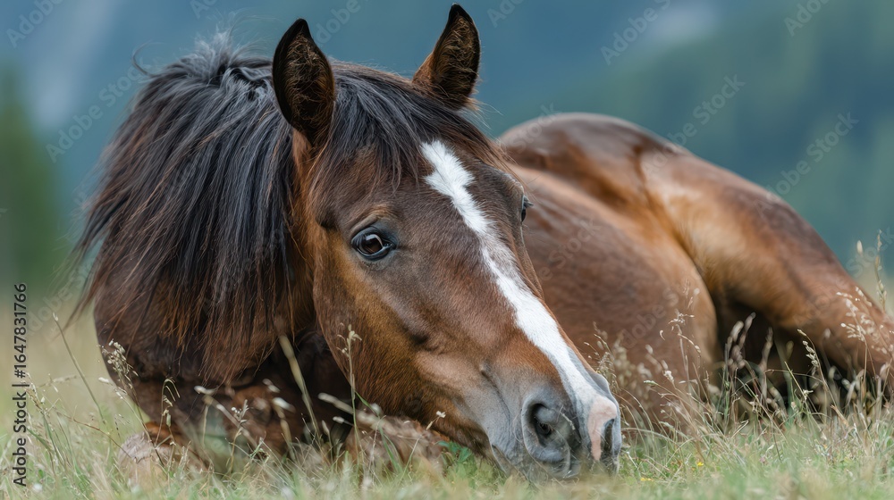 Fototapeta premium Brown horse resting in a field on a sunny day with mountains in the background