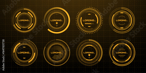 Futuristic hud vector graphics concept with a set of loading circles and indicator lines for digital design and ui or ux.