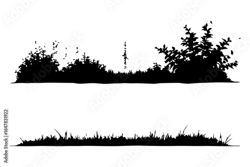 Silhouette of Nature: A stark black and white illustration that shows two distinct natural sceneries: the dense shrubbery and blade grass to give a vivid image of nature.