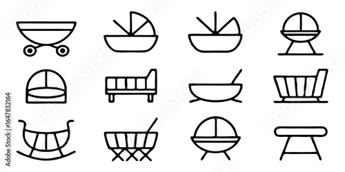Collection of minimalist line art icons depicting various types of baby carriages, prams, strollers, cribs, and bassinets isolated on white background, perfect for nursery designs
