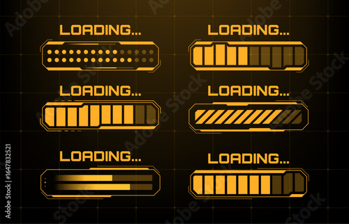 Hud vector graphics set for loading screen. Abstract bar, circle, and lines for progress interface elements. Modern technology data download.