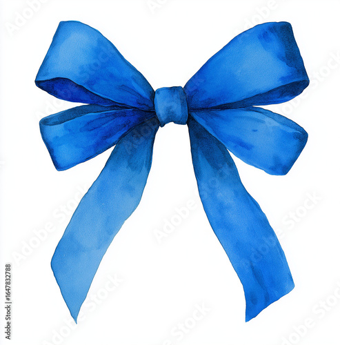 A watercolor illustration of a blue bow on a white isolated background