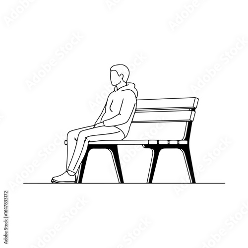A simple line drawing of a person sitting on a bench, side profile view. This iconic and minimalist graphic can be used to bring a clean and modern feel to a website, app, or print design.