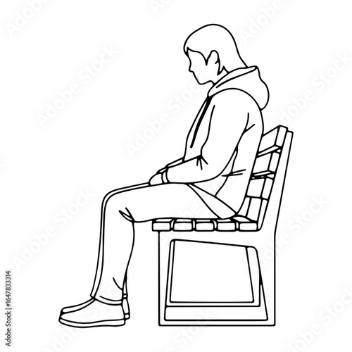 A simple line drawing of a person sitting on a bench, side profile view. This iconic and minimalist graphic can be used to bring a clean and modern feel to a website, app, or print design.