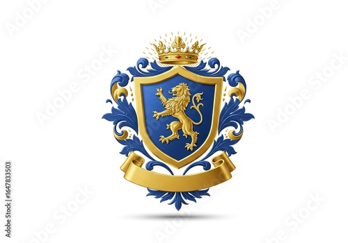 A royal coat of arms featuring a golden lion rampant on a blue shield with crown