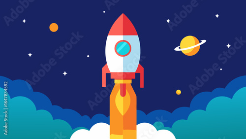 flat design space rocket launch scene