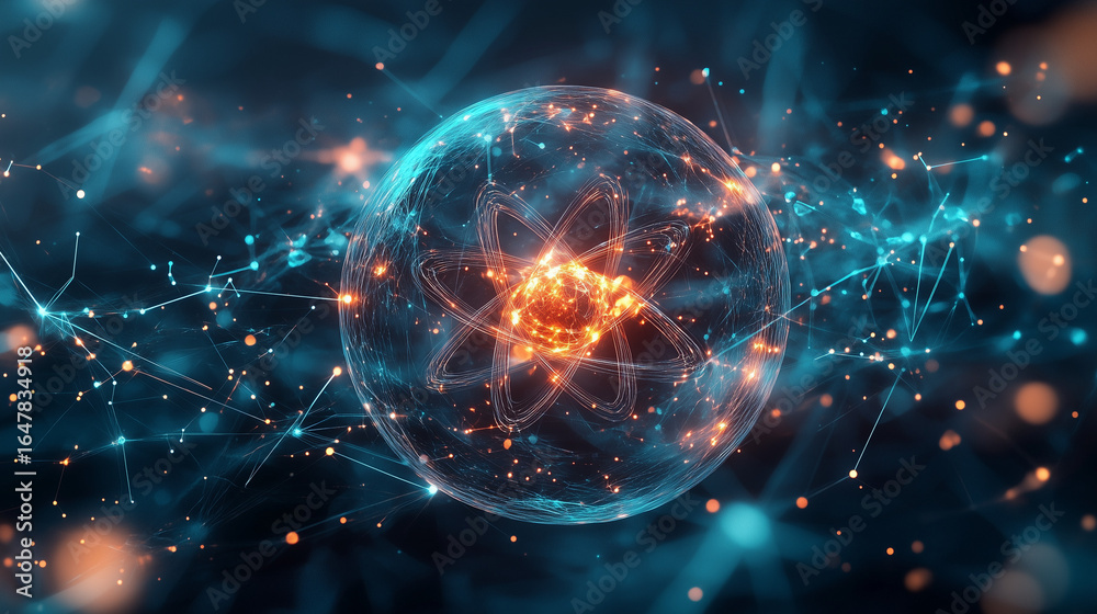 Obraz premium Unstable atom nucleus with spinning electrons on tech background.