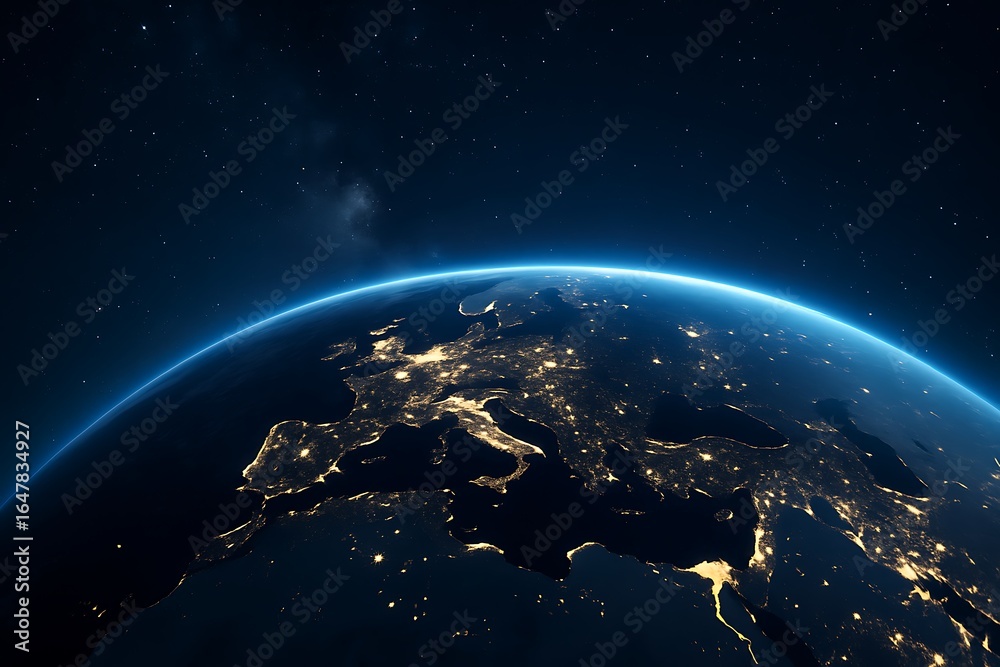 Fototapeta premium Europe and Mediterranean coastline illuminated at night from space showing glowing city lights earth curvature and atmospheric glow against dark starry sky global view satellite imagery