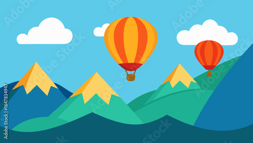 flat hot air balloons flying over mountain valley