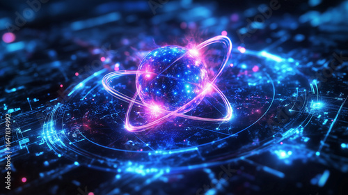 Unstable atom nucleus with spinning electrons on tech background.