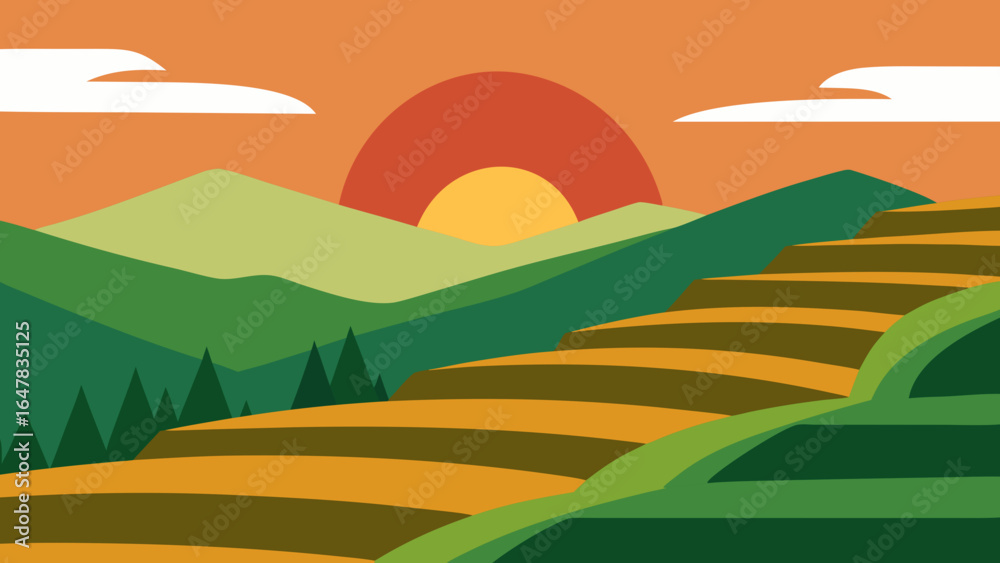 Fototapeta premium flat rice terraces landscape sunrise