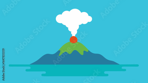 Flat volcanic island with smoke and ocean waves