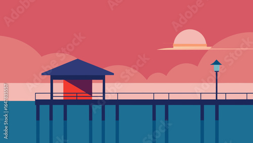 Minimal seaside pier with sunset sky in flat vector