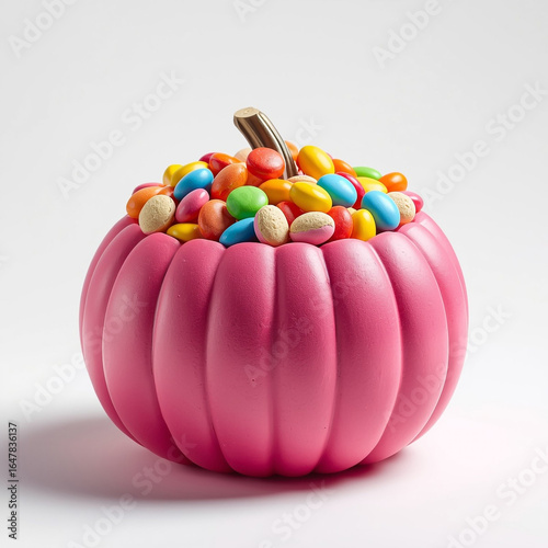 Pink pumpkin full of candy isolated on white background