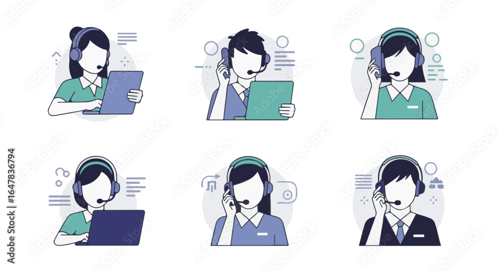 Fototapeta premium Customer service representatives in the workplace are ready to assist you with their headsets and laptops.