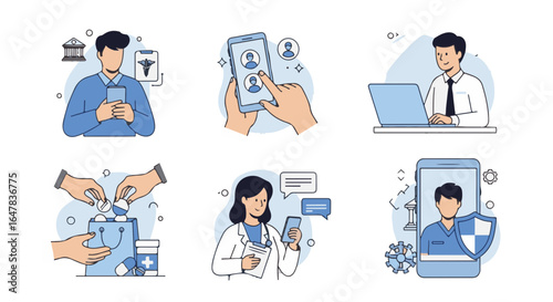 Digital healthcare and medical illustrations showing a range of concepts, including accessing information, contacting a doctor, and more.