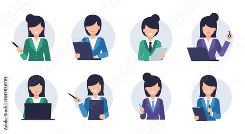 Diverse collection of stylish women, each portrayed in a professional and elegant manner, representing different roles.