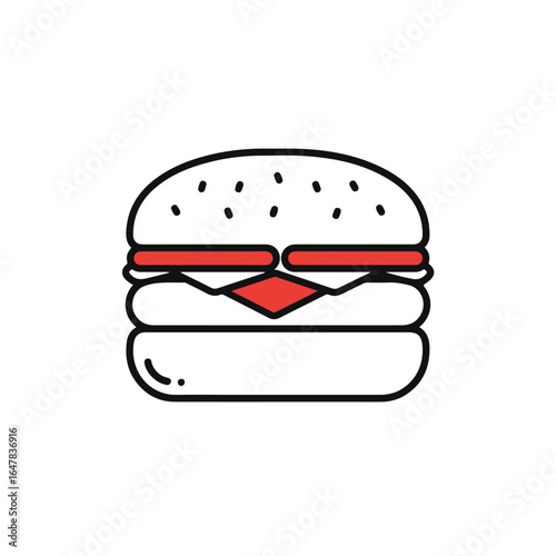 A delicious cartoon hamburger illustration with cheese, tomato, and burger bun.