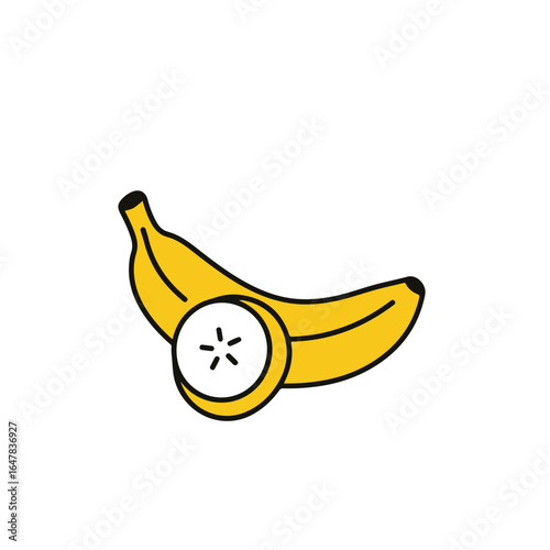 A vibrant illustration of a banana, sliced to reveal the fruit's interior. 