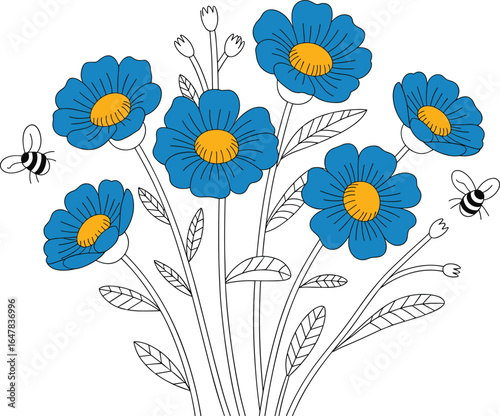 Vibrant blue flowers with yellow centers attract busy bees in a charming illustration