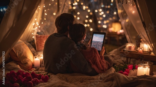 Couple watches tablet in cozy tent. Romantic date night, warm mood. For marketing, Valentine's Day, home design, editorial.