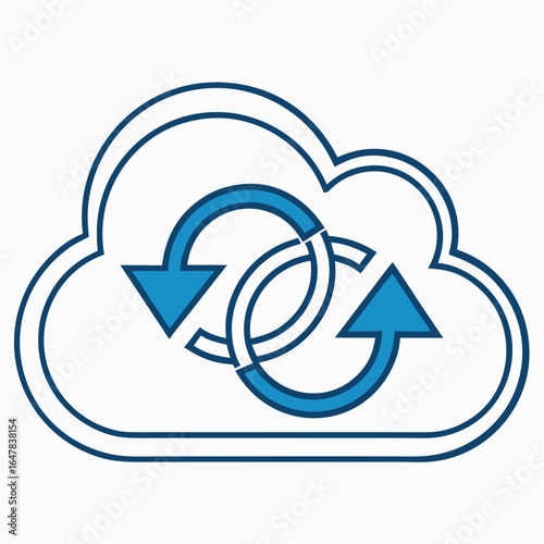 Cloud data synchronization with blue arrows for backup and recovery