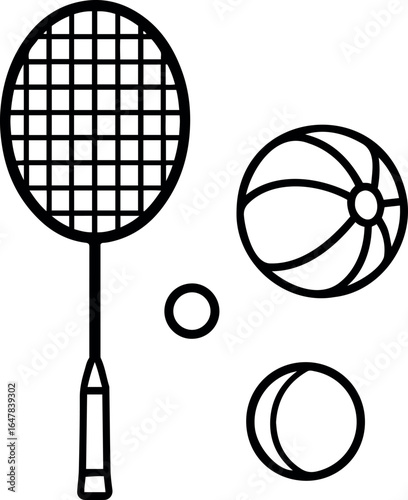 Illustration of a badminton racket with balls in a simple black and white style