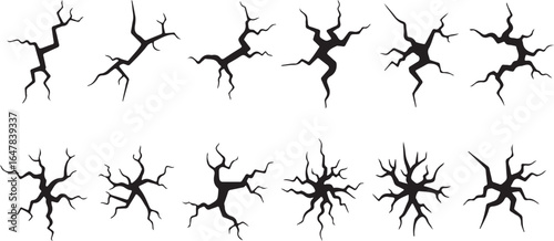 Set of black crack and fissure graphic elements on white background broken damage