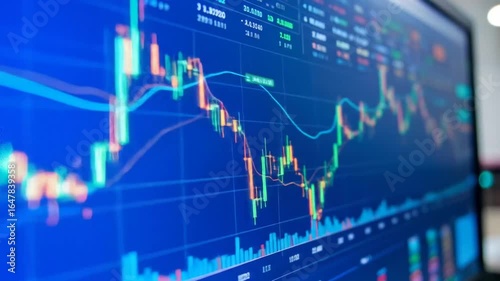 Financial stock market data analysis with charts and graphs on monitor screen, illustrating