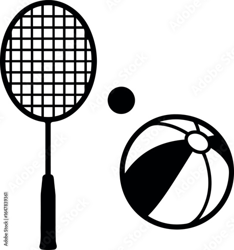 Illustration of a badminton racket, shuttlecock, and a beach ball in black and white