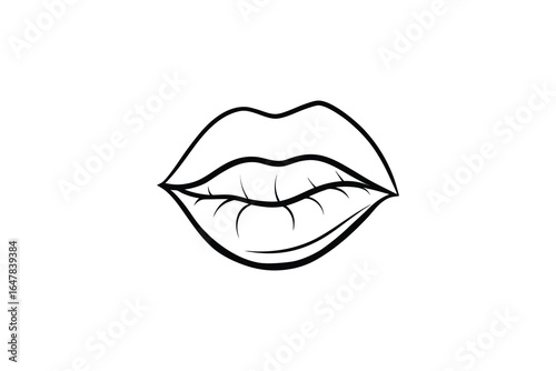 A black and white illustration of a closed mouth with lips and eyelashes silhouette