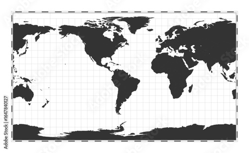 Vector world map. Patterson cylindrical projection. Plain world geographical map with latitude and longitude lines. Centered to 60deg E longitude. Vector illustration.