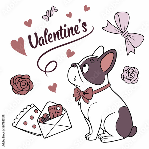 An adorable French Bulldog with a Bashful vibe, wearing a bowtie, and a Valentine Blush Valentine theme – SVG style