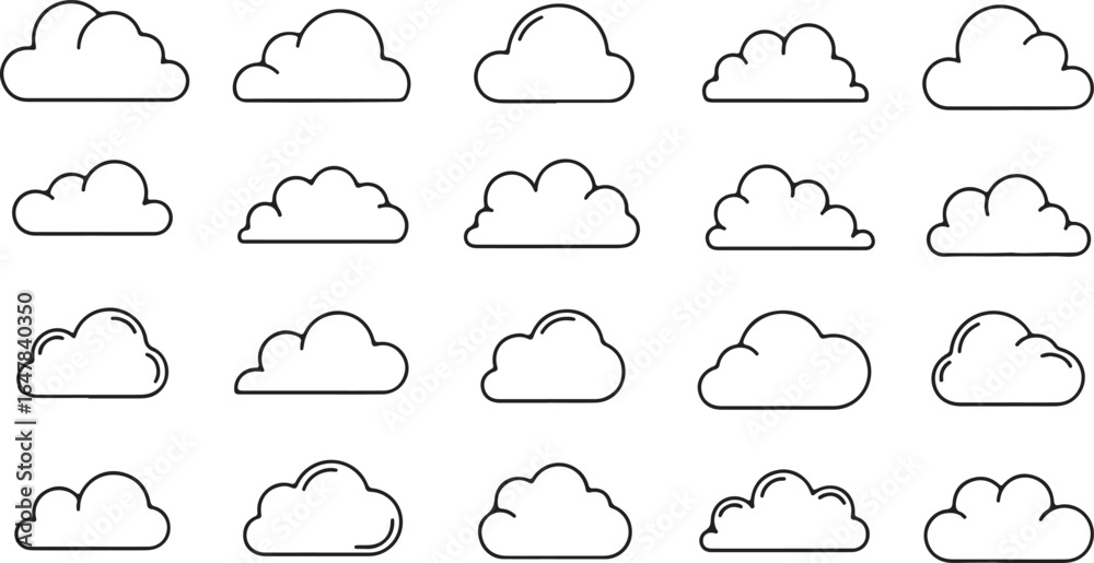 Fototapeta premium Collection of simple outline cloud icons in different shapes and sizes weather symbol