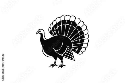 A black silhouette of a turkey with its feathers spread out in a fan shape