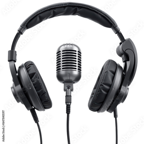 Vintage microphone with black headphones isolated transparency background, professional audio equipment for recording