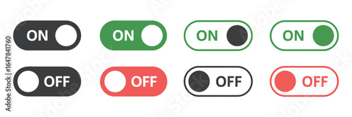 Set of ON and OFF toggle switch buttons. UI element collection for web and mobile apps. Vector icons for interface control and state selection.