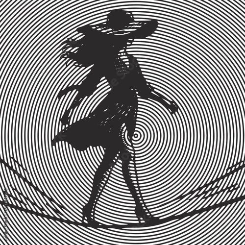 Fingerprint lined engraving art of a woman walking on a tightrope in black color minimalist style