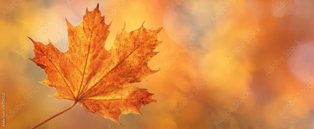 Fototapeta premium The Maple Leaf in Golden Autumn Sunlight with Bokeh Background and Warm Tones