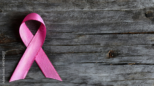 Symbol of Hope: A Vibrant Pink Ribbon on a Dark, Rustic, Weathered Wood Surface