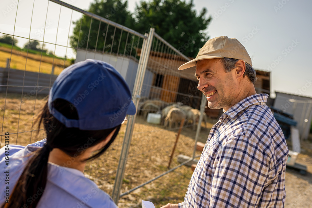 Thai Female Farmer and Senior Male Discussing Future Work on Sheep Farm Thai Female Farmer and Senior Male Discussing Future Work on Sheep Farm