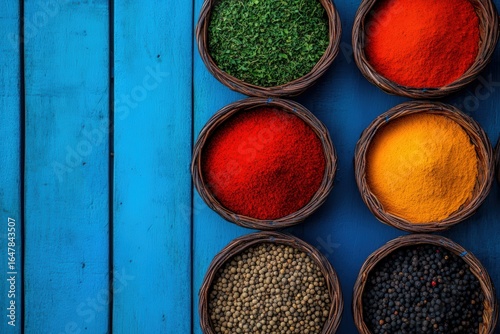 Fototapeta Naklejka Na Ścianę i Meble -  Assortment of colorful ground spices and peppercorns fill round baskets in Zanzibar