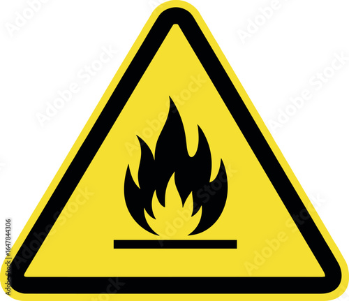 Warning Sign Flammable Material Hazard Symbol with Fire Icon on Yellow Triangle