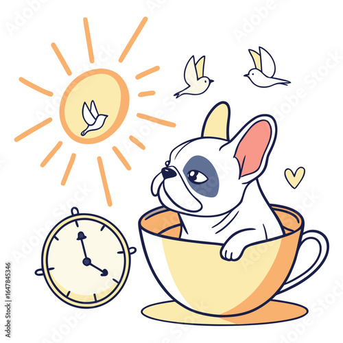 Creative SVG: Bashful French Bulldog with in a teacup in a Sunny Mornings colored Morning sunshine theme