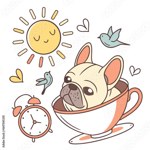 Creative SVG: Bashful French Bulldog with in a teacup in a Sunny Mornings colored Morning sunshine theme