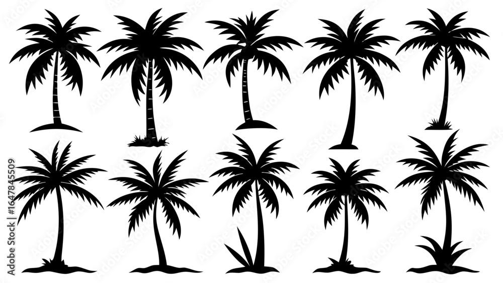 Fototapeta premium Palm tree black silhouette vector set,Palm tree icon set