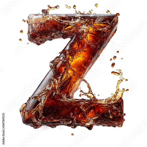 Top view of a 3D letter Z made of a splash of cola isolated on a white transparent background